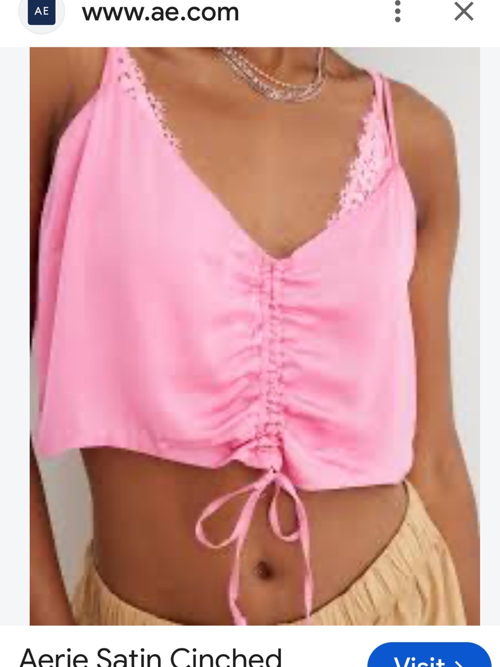 Aerie Linne Pink Satin Cinched V-Neck Crop Cami